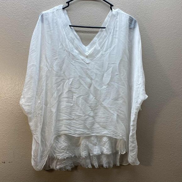 GIGI MODA V-Neck Silk Kaftan Style White Blouse Raw Edge Minimalist Quiet Luxury - Picture 1 of 7